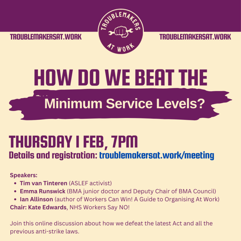 How do we beat the Minimum Service Levels Act? Online meeting, 7pm, 1 February